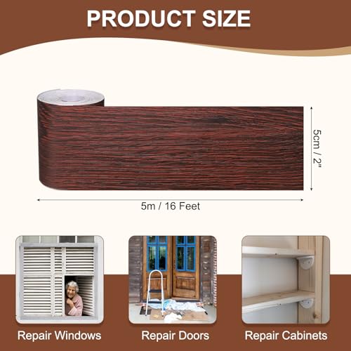 Image of MECCANIXITY Wood Grain Repair Tape, 2 Inch x 16 Feet Self Adhesive Wood Grain Tape Multi-Purpose Wallpaper Border Trim for Furniture Floors Windows Doors Tables Home, Dark Red