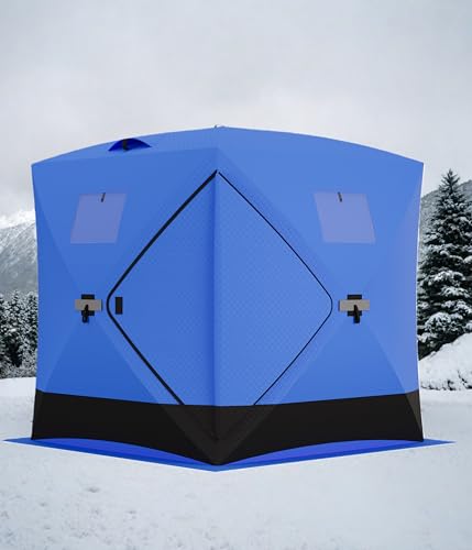 Pop Up Ice Fishing Tent Insulated Ice Fishing Shelter Portable Hub-Style Shelter Shanty Windproof and Warm, Multiple Sizes for 3-4 Person, Blue, 6x6x6.6 Ft