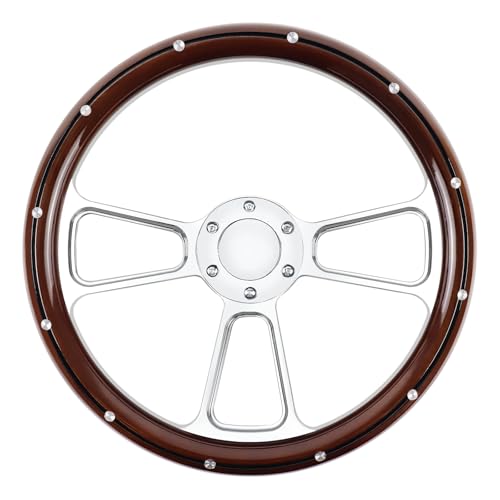 Acclcors Universal Racing Lenkrad, 14 Zoll 6-Schrauben Silber Aluminium 3-Speichen Niet Lenkrad mit Horn Taste Klassisches Vintage Lenkrad für Racing/Rally/Motorsport