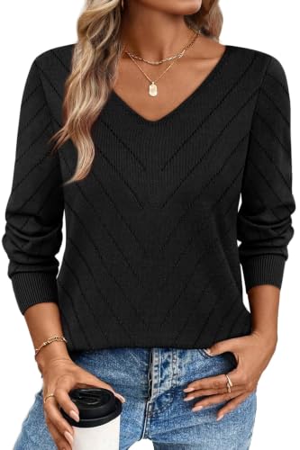 Image of WIHOLL Sweaters for Women V Neck Casual Knit Long Sleeve Tops Lightweight Pullover Clothes Fall Fashion Outfits 2026
