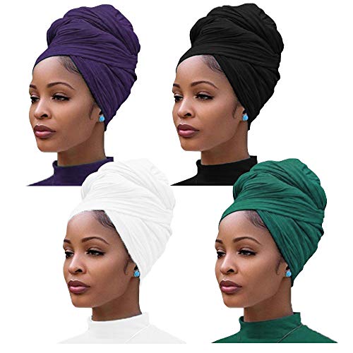 4 Pieces Stretch Jersey Turban Head Wrap Knit Headwraps Urban Hair Scarf Solid Color Breathable Ultra Soft Extra Long Head Band Tie for Women