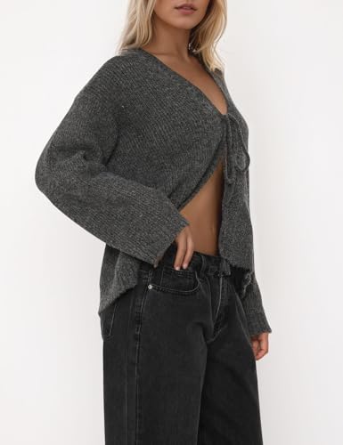 Women Tie Front Cardigans Sweater Lightweight Open Front Loose Fit Long Sleeve Knit Sweater Jackets Fall Outwear Top2