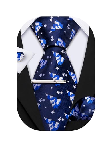 Barry.Wang Lot de 4 cravates de Noël tendance pour homme en soie avec boutons de manchette carrés pour festival, flocon de neige, boîte cadeau de Noël, Noël bleu et blanc, taille unique