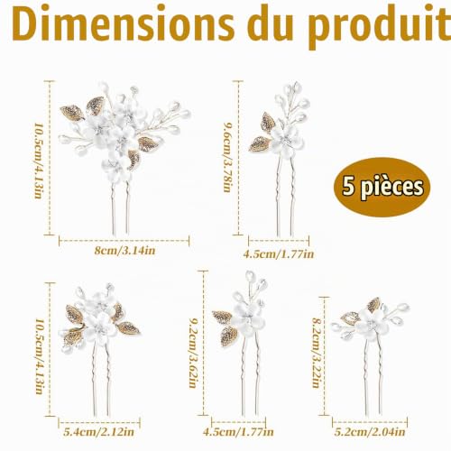 Broche Cheveux Mariage,5 PCS Épingle à Cheveux de Mariage Accessoires de Cheveuxs Mariages U-Shaped avec Fleurs Feuilles Perles et Strass pour Femme Fête Bridal Bijoux Ornement – vue 7