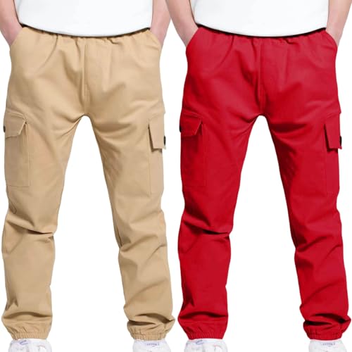 2PC Boys Girls Childrens Sports Cargo Pants Stretch Pockets Elastic Waist School Twill Joggers Basic Cargo Pants