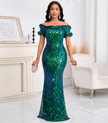 Image of dasmzper Women Sexy Sequin Off Shoulder Ruffle Short Sleeve Bodycon Mermaid Party Formal Evening Maxi Dress