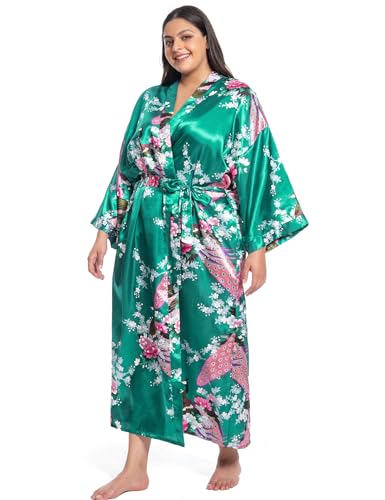 Image of Women's Floral Long Satin Robes Plus Size Long Silk Robes Peacock Floral Kimonos Sleepwear Dressing Gown