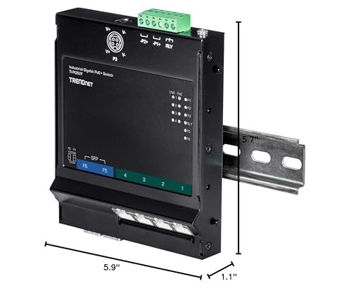 Image of TRENDnet 6-Port Industrial Gigabit PoE+ Wall-Mounted Front Access Switch, TI-PG62F, 4 x Gigabit PoE+ Ports, 2 x Gigabit SFP Slots, DIN-Rail, Wall Mount Brackets Included, IP30, 120W PoE Budget