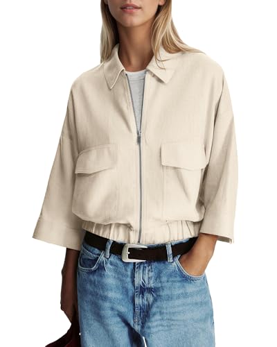 Locachy Women's Casual Lapel Zip Up Jacket Lightweight 3/4 Sleeve Shirts Blouses Tops with Pockets