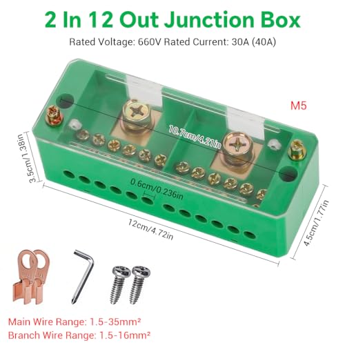 Image of Serplex Terminal Block 2 Inlet 12 Outlet Metering Box Junction Power Distribution Terminal Block Distribution Junction Box 660V 30A 40A Unipolar Terminals Box for Electrical Wiring in RV /Boat /Home