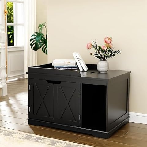 PUPETPO Flip Top Cat Litter Boxes Enclosure Covered Litter Box Hidden Furniture Wooden Cat Washroom Cabinet for Kitty, Medium and Large Cat Black Cover