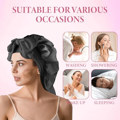 Abeillo Satin Bonnet for Women Silk Sleep Bonnet with Tie Band and Scrunchies, for Long Curly Hair and Braids (Black) - Image 4