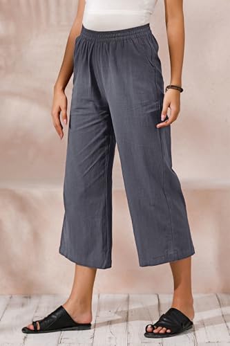 Womens Cotton Cropped Pants Loose Fit Wide Leg Capri Casual Plus Size Elastic Waist Trousers2