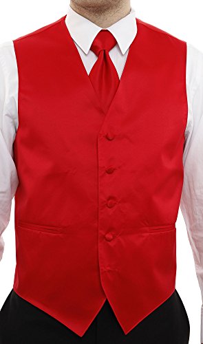 Men's Dress Vest & NeckTie Solid RED Color Neck Tie Set for Suit or Tuxedo