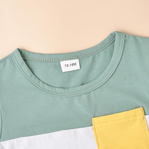 Image of Toddler Boy Clothes Baby Summer Outfit Patchwork Tee Shorts 12M-4T | Soft Patchwork Tee, Pocket Shorts With Stretch Waistband, Breathable For Summer Play, Machine Washable