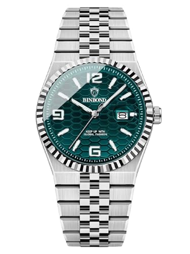 Men's Watch, Stainless Steel Band, Green Honeycomb Dial, Date Display