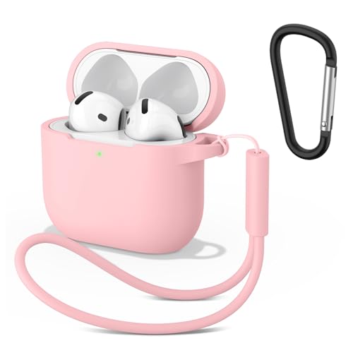 Image of Tobfit Case for AirPods 4 Case Cover 2024 with Lanyard & Keychain, Soft Silicone Protective Case for Apple AirPods 4th Generation, Full Protection, Support Wireless Charging - Pink