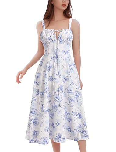 Image of Women Floral Corset Dress 2026 Boho Midi Sundress Summer Dress | Flowy A-Line Dress with Adjustable Spaghetti Straps Lace Up Back Front Slit High Waist for Vacation Wedding Guest