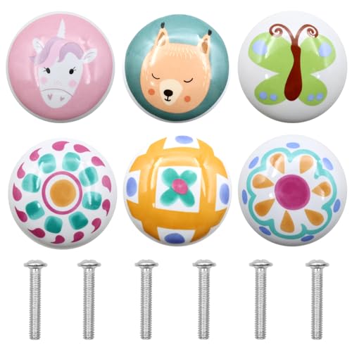 BORISCA 6 PCS Cartoon Pomos Infantiles, 6 Diferentes Patrones Cerámica Pomos y Tiradores Infantiles Cute Tiradores Cajones Infantiles Single Hole Design para Estantería Mesita de Noche Cajón