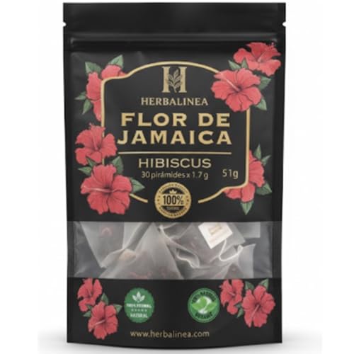 HERBALINEA Flor de Jamaica 100% Natural (Hibiscus) – 30 Pirámides Premium | Infusión Diurética y Antioxidante | Ayuda a la Retención de Líquidos | Sin Cafeína | Sabor Intenso y Refrescante