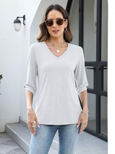 Image of TICTICMIMI Womens Tops 3 /4 Length Sleeve V Neck Casual Trendy Button Tunic Tops Summer Basic T-Shirts Loose Fit Pullover