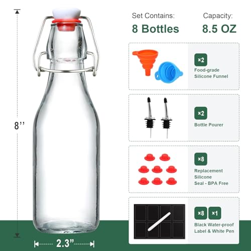8-Pack 8.5oz Flip Top Glass Bottles, Swing Top Beer Brewing Bottle for Fermentation, Kombucha, Kefir, Vanilla Extract, Coquito, Juice, Soda, Tea - Airtight Stopper Cap Lid, Bonus 2 Bottle Pourers - Image 4
