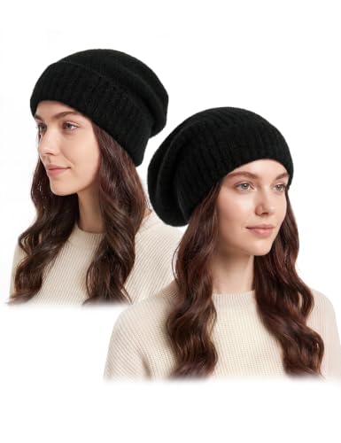 Durio Satin Lined Slouchy Beanie for Women and Men 2-Way Wear Winter Knit Hat with Soft Satin Interior Warm Fuzzy Cuffed Beanie for Curly Hair Braids Natural Hair Black