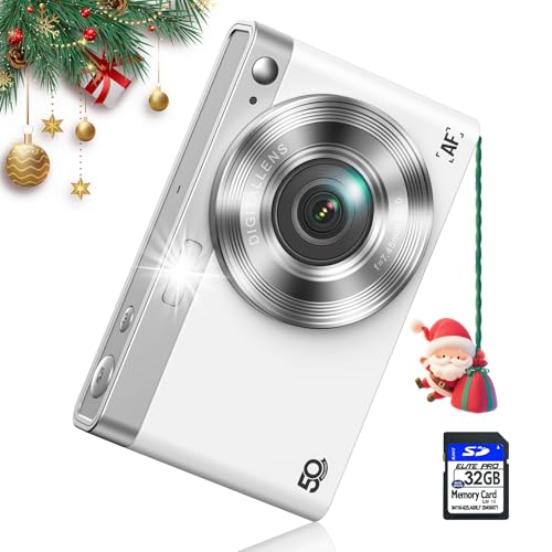 Cámara digital de 50 MP, cámara digital para niños 1080P con tarjeta SD de 32 GB, cámara digital de apuntar y disparar con zoom de 16X antivibración, cámara digital pequeña compacta para niños