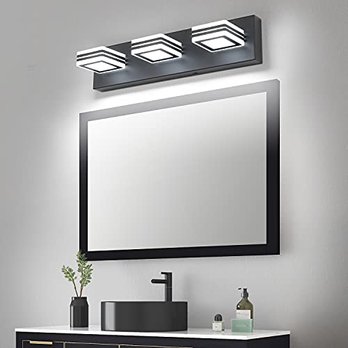 Image of SOLFART LED Bathroom Vanity Light Fixtures: 3 Light Matte Black Modern Acrylic Bathroom Wall Lighting Fixtures Over Mirror Cool White 6000K