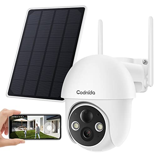 Security Camera Wireless Outdoor,Pan-Tilt 2.4G WiFi Solar Security Camera,Battery Powered Surveillance Cameras for Home with Night Vision,2-Way Audio,Motion Detection,SD Card & Cloud Storage, Codnida