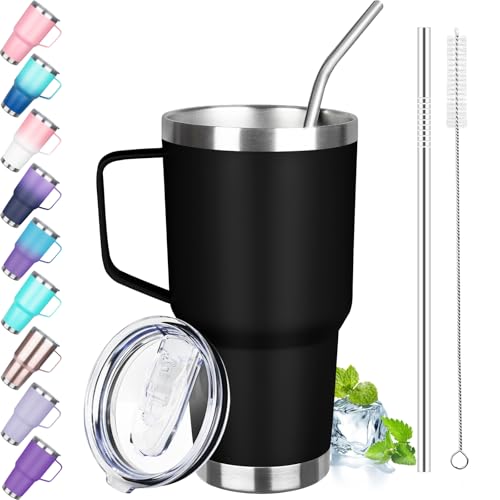 Image of 30 oz Tumbler with Handle, Stainless Steel Insulated Tumbler with Lid and Straw, Double Wall Vacuum Insulated Coffee Mug Tumbler, Insulated Coffee Thermal Cup for Cold and Hot (Black)