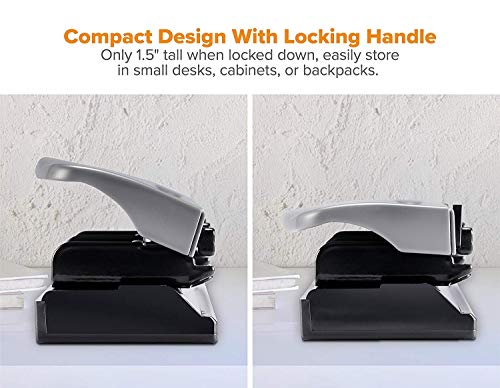 Image of Bostitch Office Premium 3 Hole Punch, 12 Sheet Capacity, Metal, Rubber Base, Easy-Clean Tray, Silver, Gray