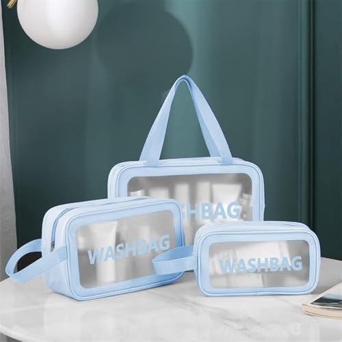Image of KASHIVAL 3-Piece Clear Travel Toiletry Bags Set, Waterproof Transparent Makeup Organizer Pouches with Zipper, Large Medium Small Cosmetic Storage Cases with Carrying Handle (Blue)