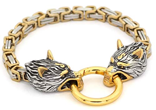 Viking Wolf Kopf Armband Männer | Edelstahl Königskette | Silber Bicolor Geschenktasche | STEAMPUNK | 21cm 23cm 25cm (Gold, 21) Cover