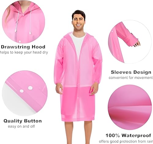 JITIFAZH Wasserdichter Regenponcho, 2 Stück,leichter, wiederverwendbarer Regenmantel mit Kapuze, tragbarer Notfall-Poncho für Erwachsene, Familie, Wandern, Radfahren, Camping(Rosa+Rosa)