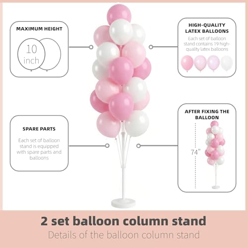 Image of Balloon Column Kit Set of 2 With Baby Pink Chrome Balloons Included - with Base,Pole,Balloon Tower Backdrop Decoration for Wedding,Baby Shower, Birthday,Princess Party, or Bachelorette