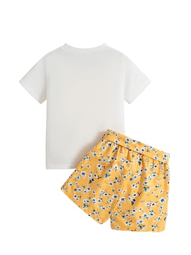 Image of Girl's 2 Pcs Outfits Short Sleeve Graphic T-Shirt Top and Paperbag Waist Shorts Set with Belt (White Yellow, 5T)
