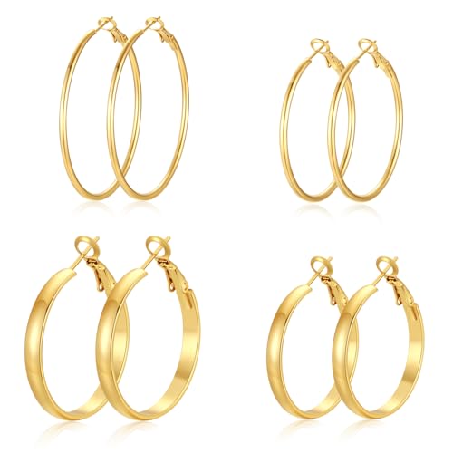 Image of 4 Pairs Silver Gold Hoop Earrings for Women | 14K Gold Plated Hoop Earrings Set Hypoallergenic Earring Lightweight Dangle Earrings Set