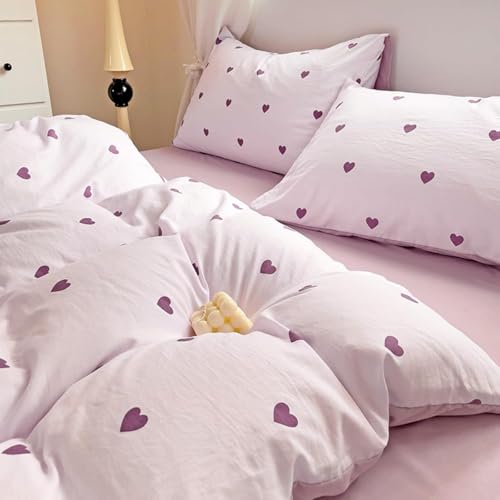 Image of Heart Duvet Cover Full Size Purple Hearts Bedding Set 3 Pieces Reversible Heart-Shaped Comforter Cover Set Soft Breathable Microfiber Quilt Cover with Zipper Closure and 2 Pillowcases