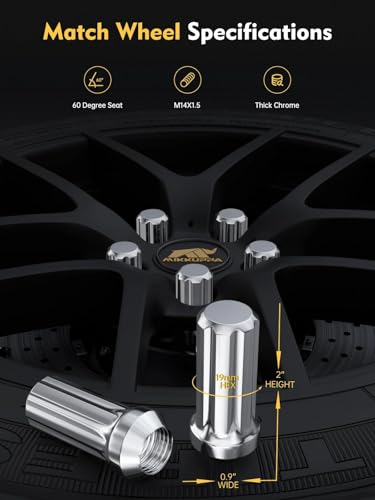 Image of MIKKUPPA M14x1.5 Lug Nuts, Chrome 4PCS 2 inch Length 7 Spline Tire Nut | 19mm Hex, Replacement for Chevy Silverado 1500 Suburban Traverse, Ford F150, GMC Yukon Sierra 1500 Aftermarket Wheels