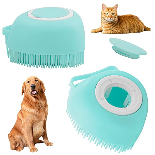 Dog Bath Drush Comb Silicone Rubber,Grooming Shower Brush for Short Long Haired Dogs and Cats Washing,Puppy Massage Soft Brush Hair Fur Grooming Cleaning,Shampoo Dispenser (Blue)