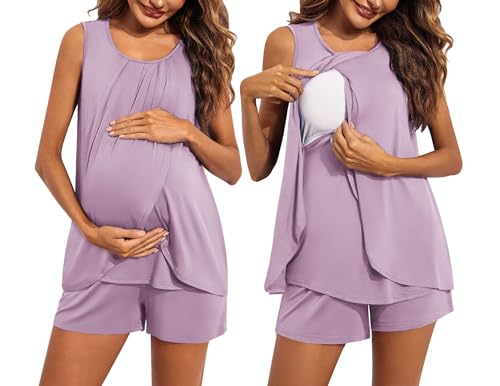 Image of Ekouaer Women Maternity Nursing Pajama Set Breastfeeding Sleepwear Double Layer Sleeveless Top & Shorts Pregnancy PJS
