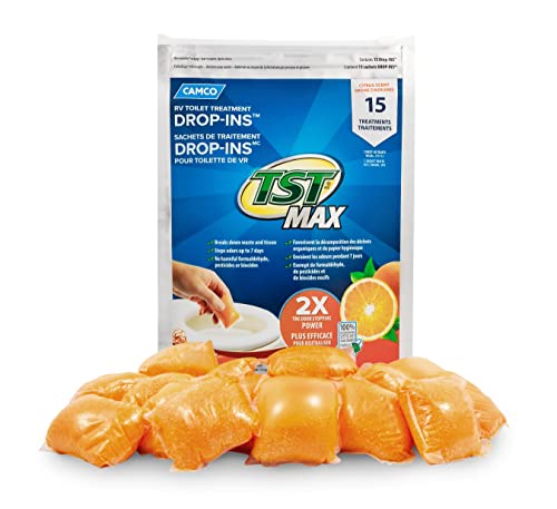 Camco - Camco TST MAX Camper/RV Toilet Treatment Drop-INs - Control Unwanted Odors and Break Down Waste and Tissue - Safe Septic Tank Treatment - Orange Scent, 15-Pack (41180)