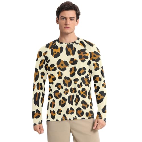Brown Black Leopard Rash Guard Men Quick Dry UPF 50+ Sun Protection Long Sleeve Beach T-Shirts Sun Shirt for Outdoor, X-Large