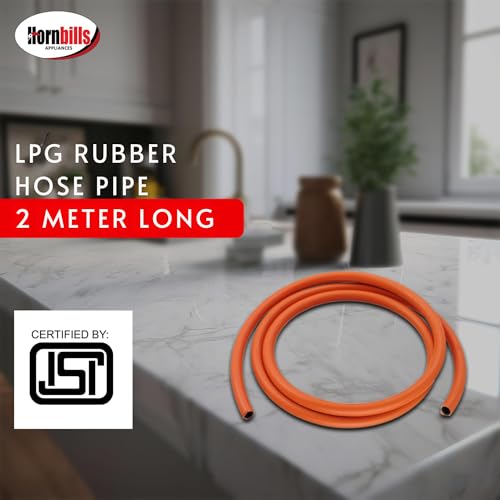 Image of Hornbills Gas Pipe 2 Meter with ISI Certified LPG Cylinder Hose Pipe Flame Resistant Fine Quality, Leak Proof, Rat bite-Proof, Crackproof Made with Reinforced Steel Wire 5 Years Warranty (with Clip)