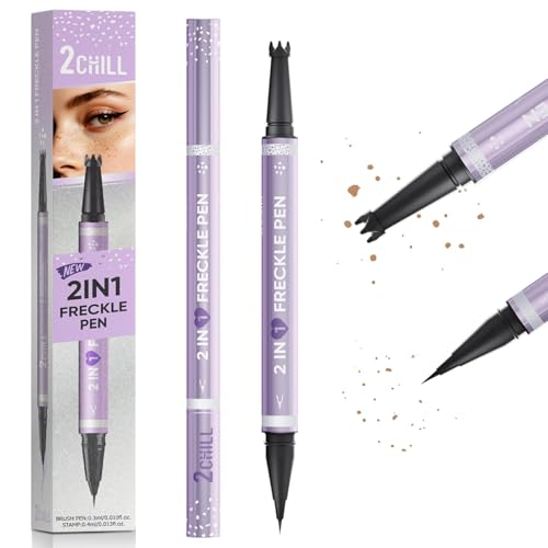 2CHILL Waterproof 2 in 1 Freckle Pen Pro Long-Lasting Dual Head Freckle Stamp and Eyebrow Pen Easy Natural Sun-kissed Fake Freckles Makeup for All Skin Types (02 Brown)