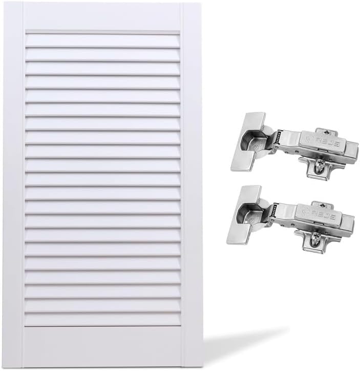 Solid Pine Louvre Wardrobe & Cupboard Door with Soft Close Hinges, Pre-Drilled, White Finish, 606 x 444