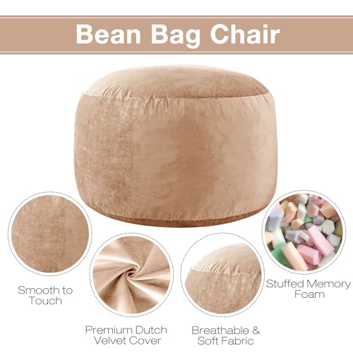 Image of 5 ft Bean Bag Chair, Bean Bag Chairs for Adults,5 Foot,Camel | Memory Foam Filling,Beanbag Sofa for Living Room,Ultra Soft Velvet Cover,Convenient Pocket & Pull-Handle