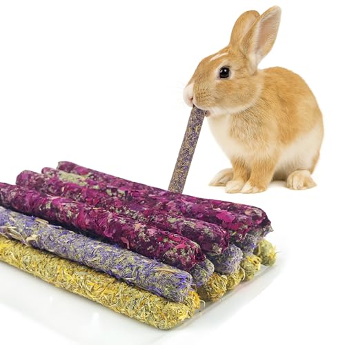 AMSGANK Brinquedos mastigar para coelhos, conjunto de palitos de feno com pétalas para coelhos anões brinquedos molares naturais para cobaias, coelhinhos, hamster e chinchilas