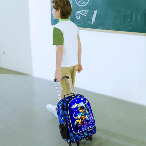 3PCS Astronaut Rolling Backpack for Boys, Kids School Backpacks with Wheels, Water Resistant UV Printed Roller Wheeled Bookbag Set with Lunch Box2